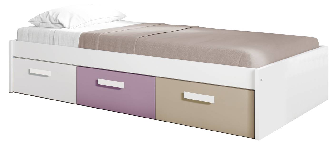 Cama nido color blanco o roble cambrian para colchón de 90x190 cm. Con 3 cajones varios colores a elegir.